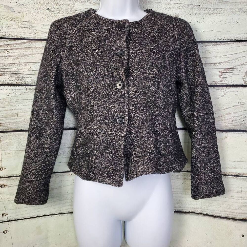 Ann Taylor Petite Women’s Bouclé Jacket Black Gray Wool Blend 12P